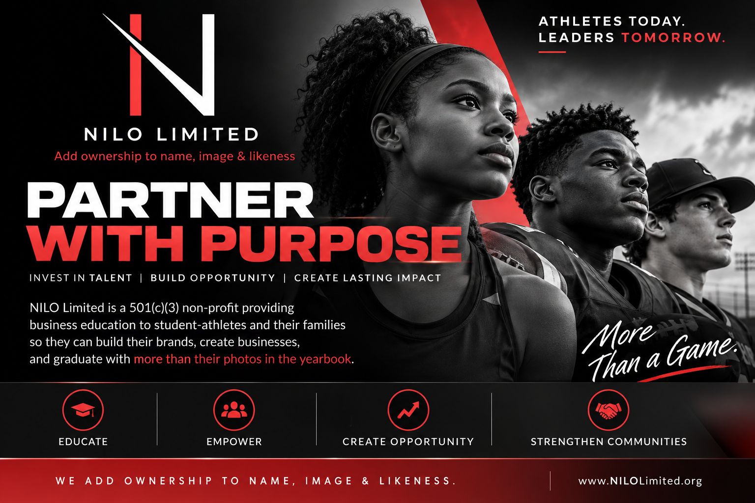 Partner With Purpose — NILO Limited is a 501(c)(3) nonprofit providing business education to student-athletes and their families
